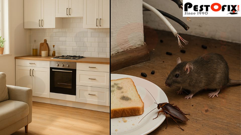 A split image showing a clean, well-maintained kitchen on one side and a pest-infested, damaged space with a rat and cockroach on the other