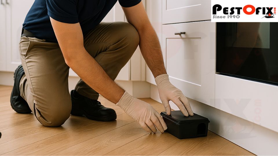 Professional pest control technician placing a rat bait box along kitchen wall in a Delhi NCR home to ensure safe rodent prevention