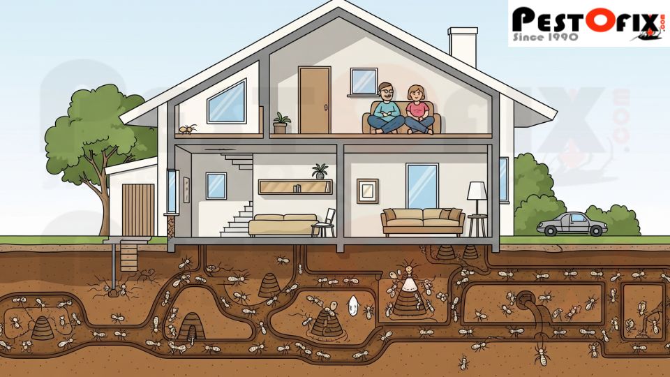 Illustration of termites secretly tunneling inside walls and floors while homeowners remain unaware