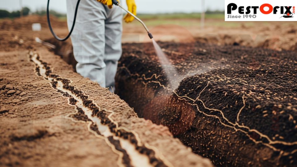 Termite control worker applying anti-termite chemical on soil to form a protective barrier at a pre-construction site