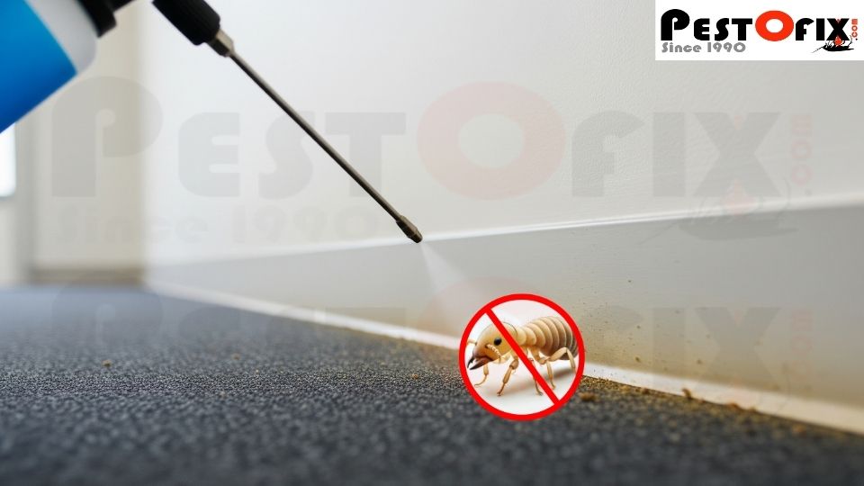 Close up of termite chemical spray applied on commercial building wall skirting