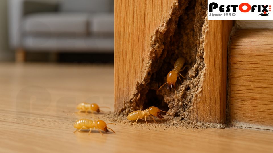 Termites damaging the inner structure of a wooden door frame at the base inside a home