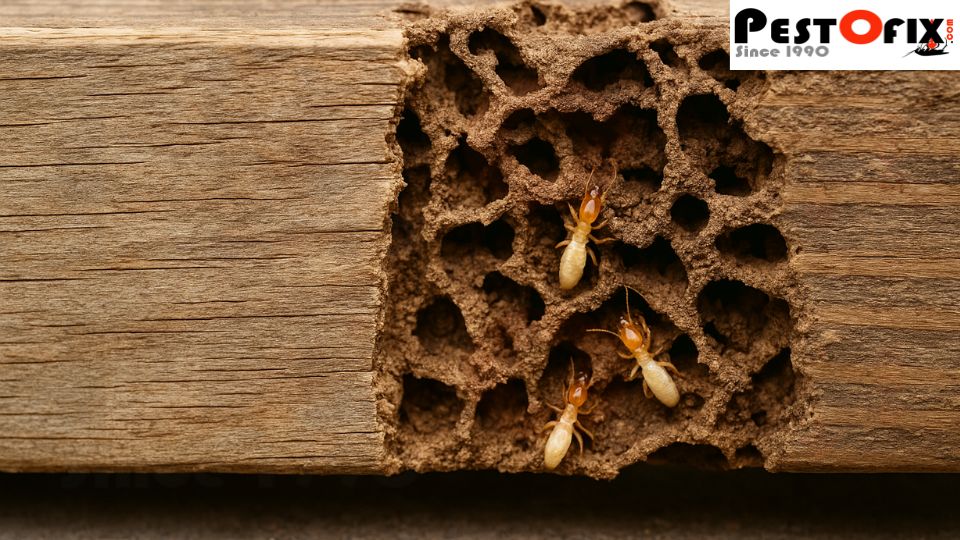 Termite-infested wood showing hollow tunnels inside caused by moisture and cellulose-rich conditions