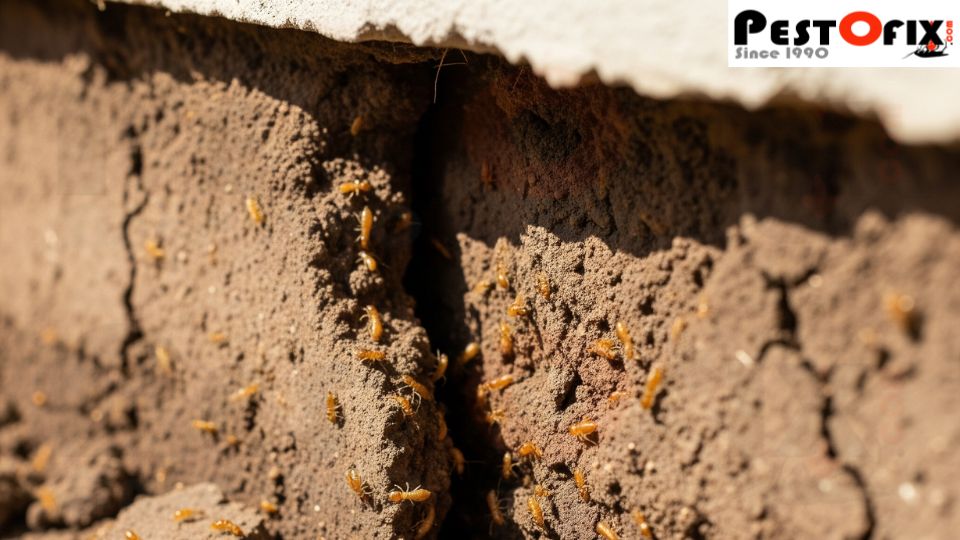 Cracked and disturbed soil barrier around a house foundation showing termite infestation and vulnerable gaps