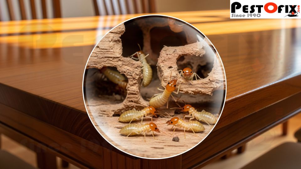 A polished wooden dining table looks perfect, but a magnified circle reveals hidden termites tunneling inside the wood