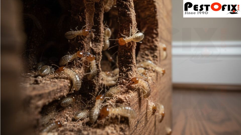 Close-up of termites hollowing a wooden beam inside a home, showing hidden infestation and internal damage