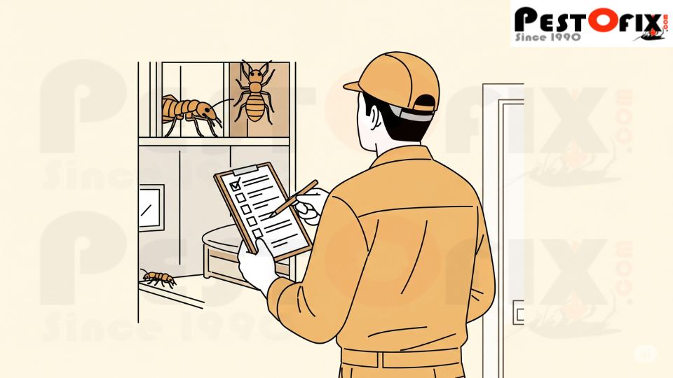 Pest control expert checking home for termite damage