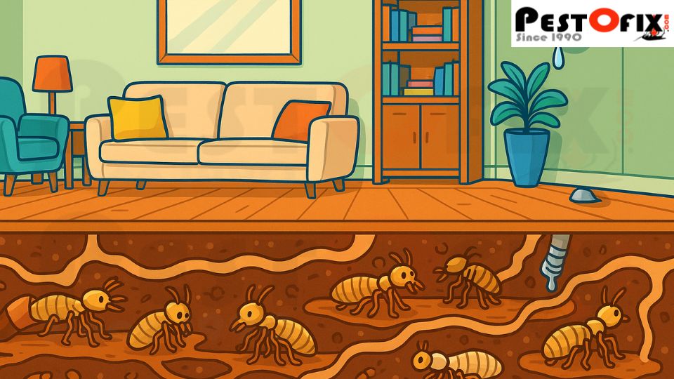 Illustration of termites hidden beneath the wooden flooring of a clean, modern home with no visible signs