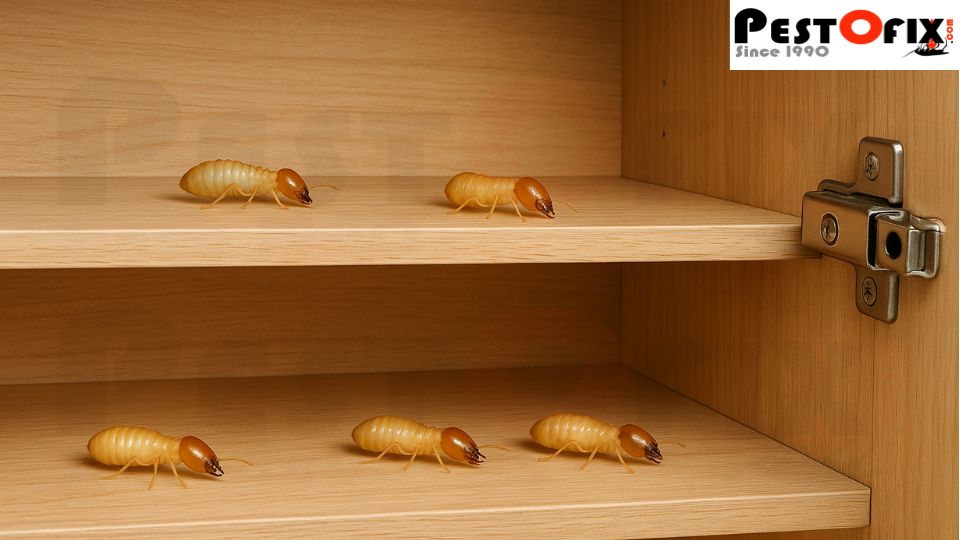 Close-up of termites infesting the dark, damp corner of a kitchen cupboard