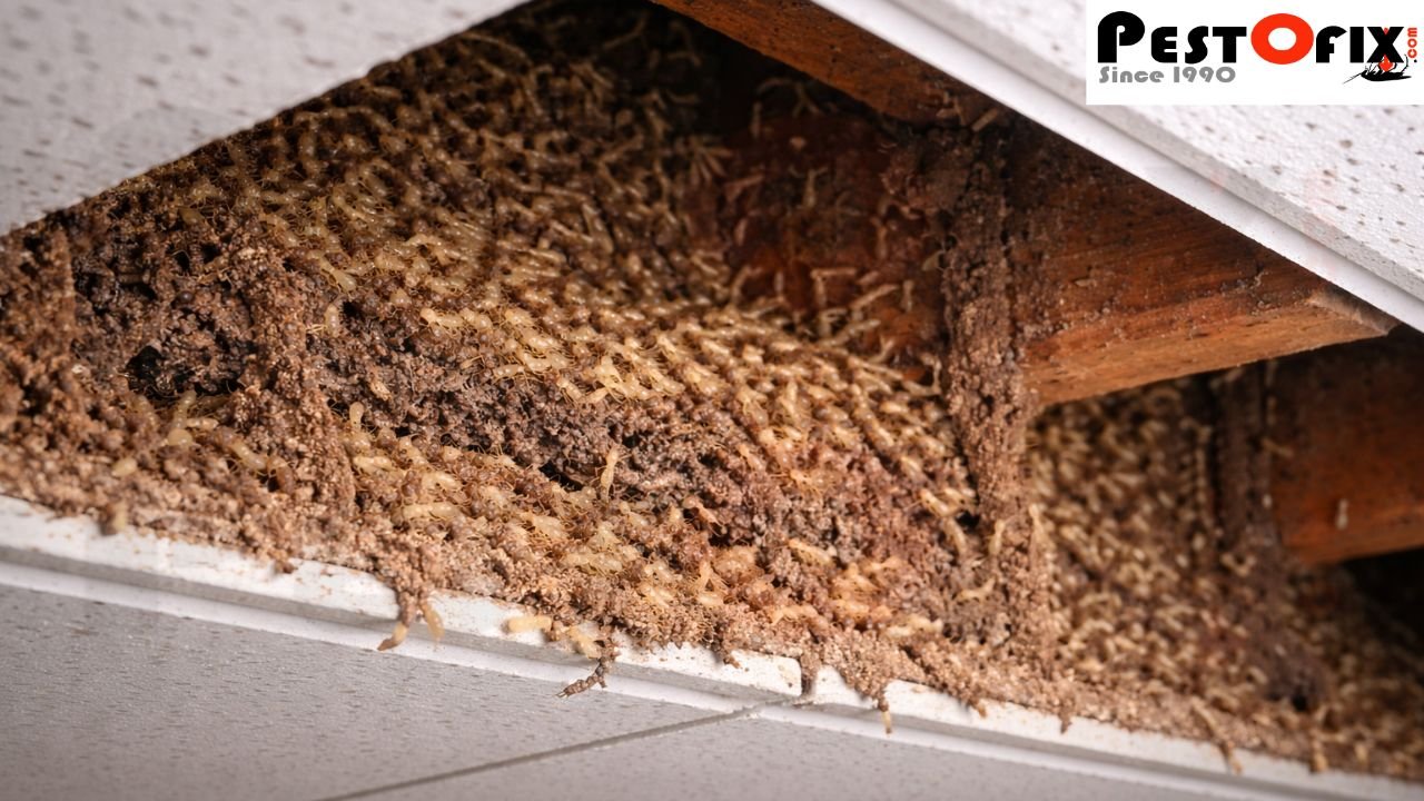 Termite infestation developing above false ceilings due to undisturbed voids and moisture retention