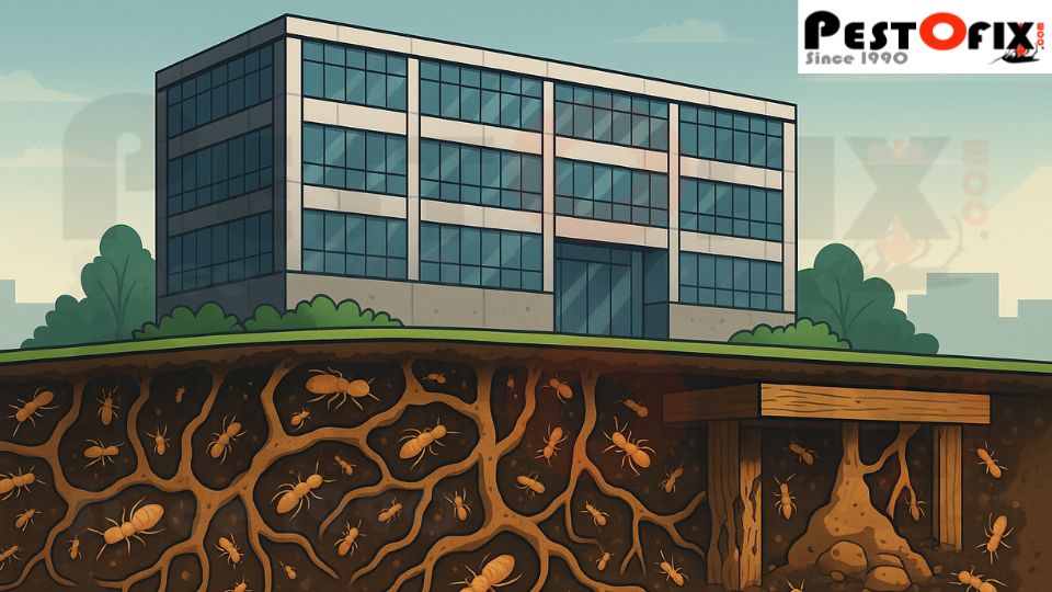 Illustration showing termite infestation spreading from soil beneath a commercial building in Gurgaon