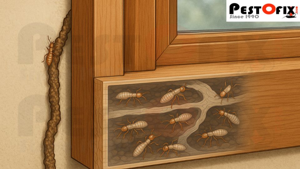 X-ray style illustration of a wooden window frame showing a termite mud tube on the wall and hidden termites crawling inside the hollow wooden frame