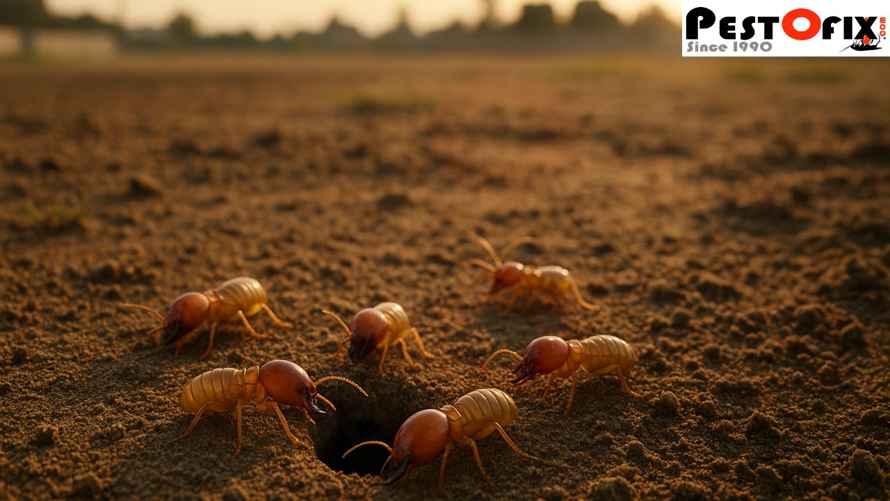 Close-up cinematic view of termites emerging from soil on an empty construction site before foundation work