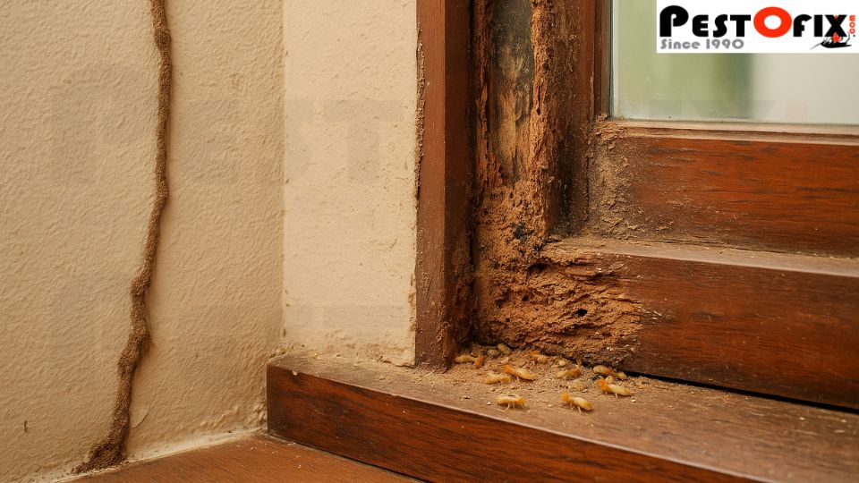 Termite infested wooden window frame in Delhi home with mud tubes along wall