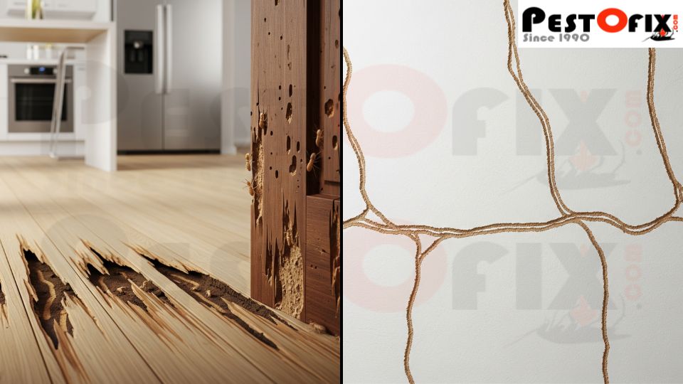 Termite-infested hollow wooden floors and doors with mud tubes along walls and foundation