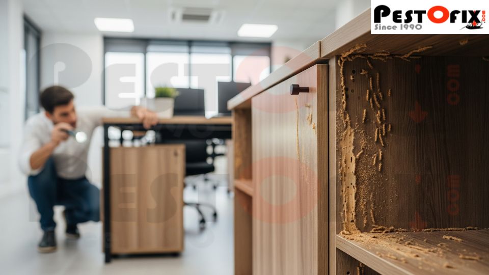 Termite infested wooden office cupboard and desks being inspected by a termite control expert in a clean office space
