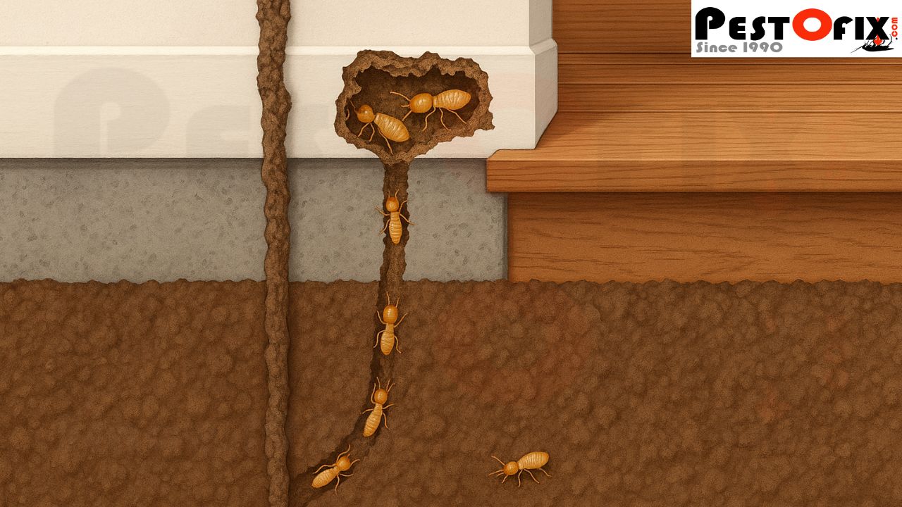 Cutaway view showing termites moving upward from soil into a home foundation due to lack of preventive treatment