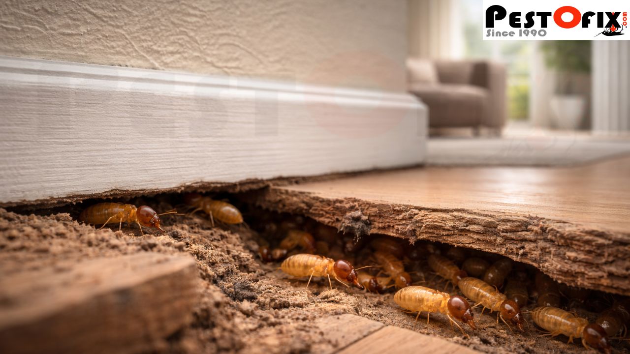 Termites moving through hidden cracks and construction joints beneath flooring inside a clean home