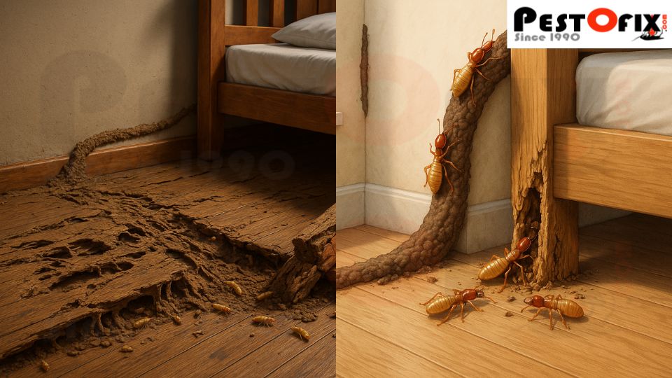 Realistic view of a wooden bed leg damaged by termites, with a mud tube running from the wall into the wood and termites crawling around