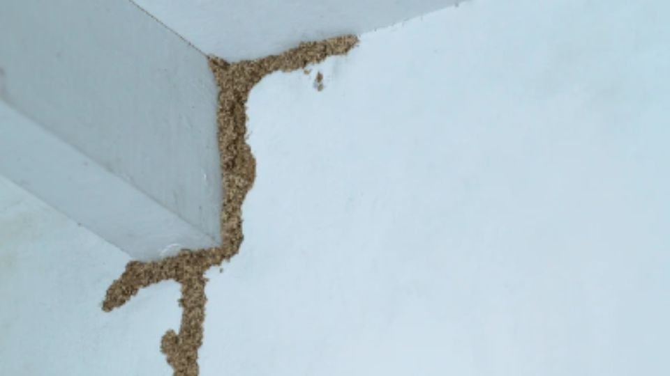 Termite mud tubes climbing up a concrete wall foundation, showing early signs of subterranean termite infestation