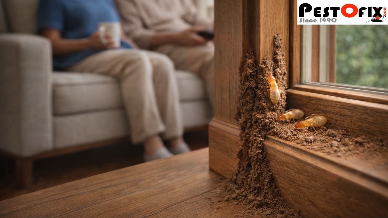 Termite mud tubes on wooden window frame indicating hidden infestation despite no visible warning signs