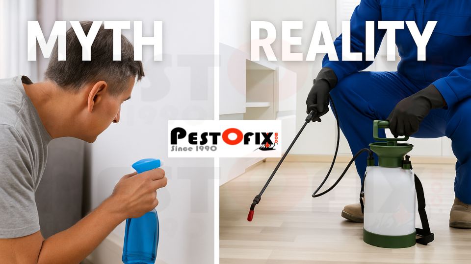 Comparison showing myth of DIY termite spray versus reality of professional odourless termite treatment by certified expert