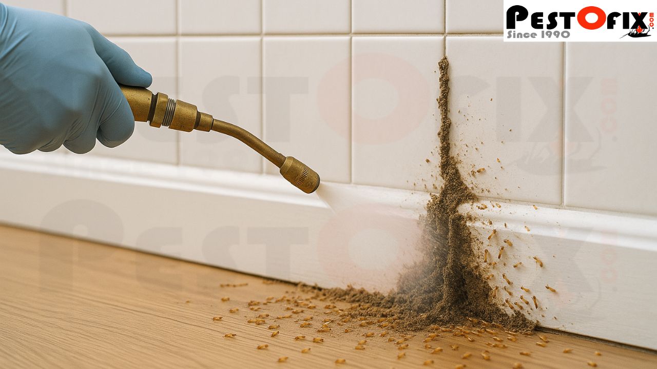 Technician applying odourless termite control treatment at home foundation