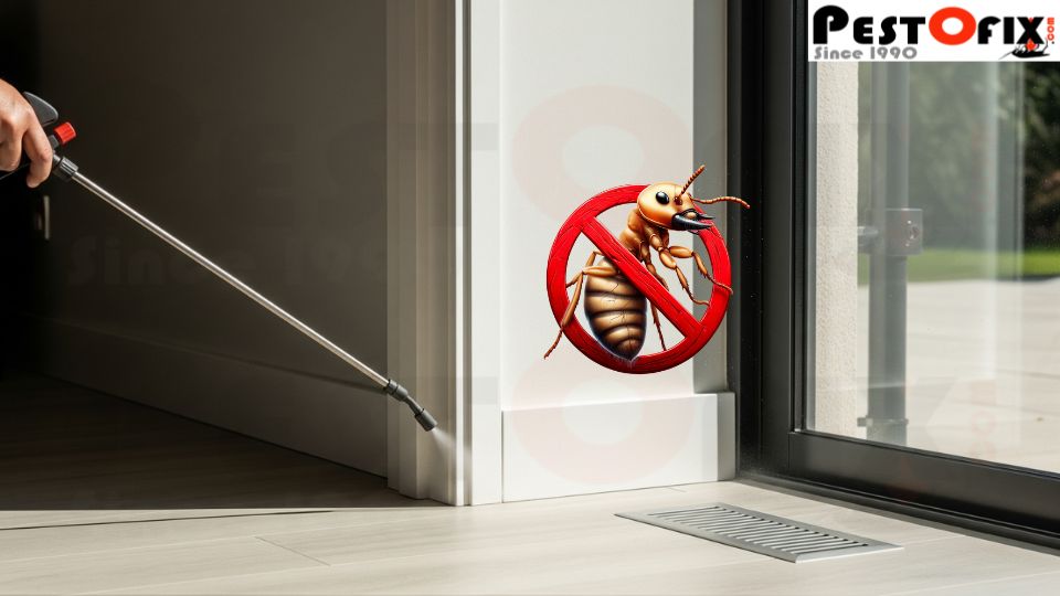 Termite control technician applying chemical treatment under wooden furniture in Noida