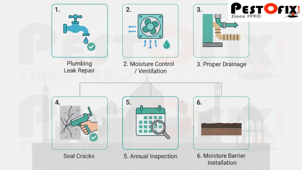 Termite prevention infographic showing 6 essential steps for Delhi homeowners to protect their properties