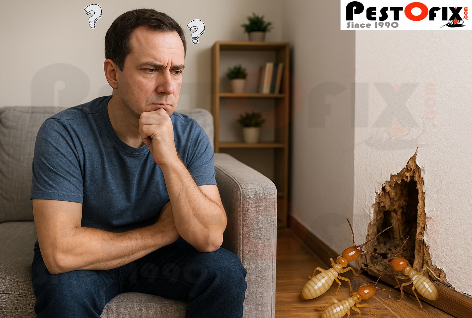Man sitting in his living room, unaware of termites sneaking in through hidden wall damage after treatment.