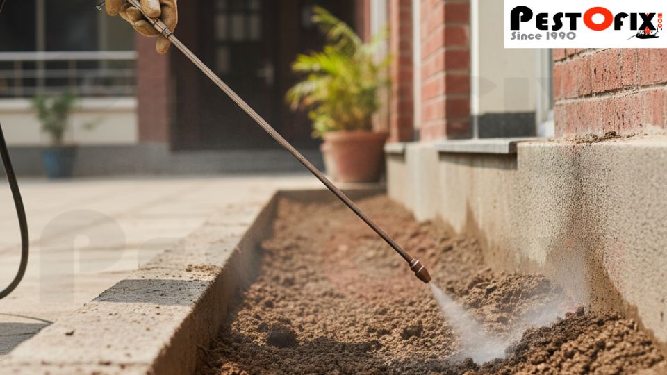 Professional termite soil treatment application around Delhi property foundation creating chemical barrier