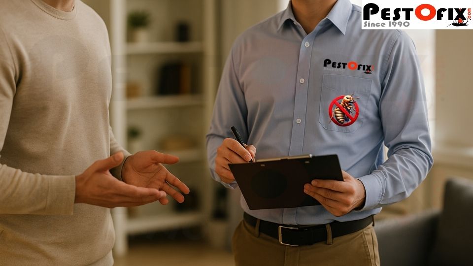 Technician in office uniform discussing termite treatment options with a customer indoors, showing clipboard and notes