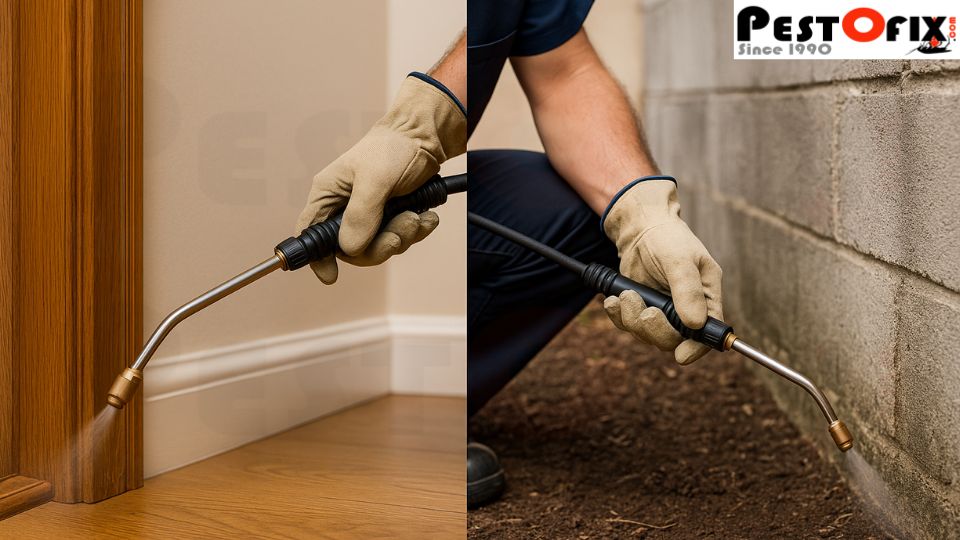 Termite control technician spraying termite treatment inside along a wooden door frame and outside along the foundation wall