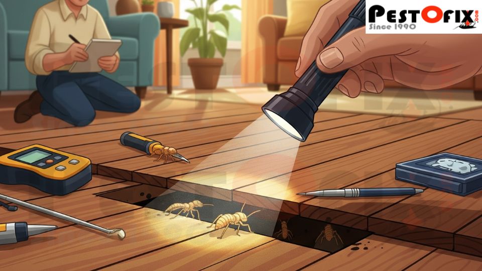 Illustration showing termite inspection and treatment process without human faces