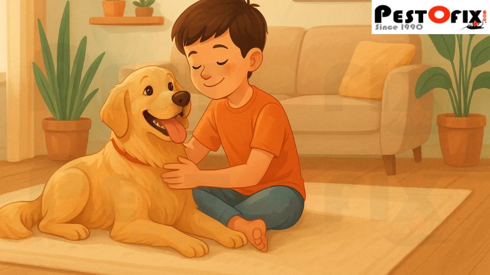 Boy and dog relaxing safely after odour termite treatment