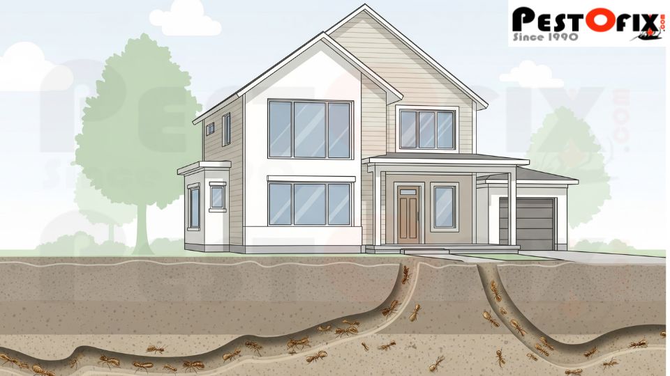 Illustration of termites underground beneath a newly built home