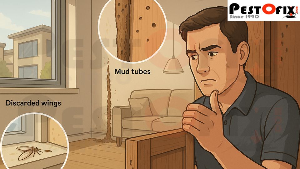 Illustration showing early warning signs of termite infestation in a clean home