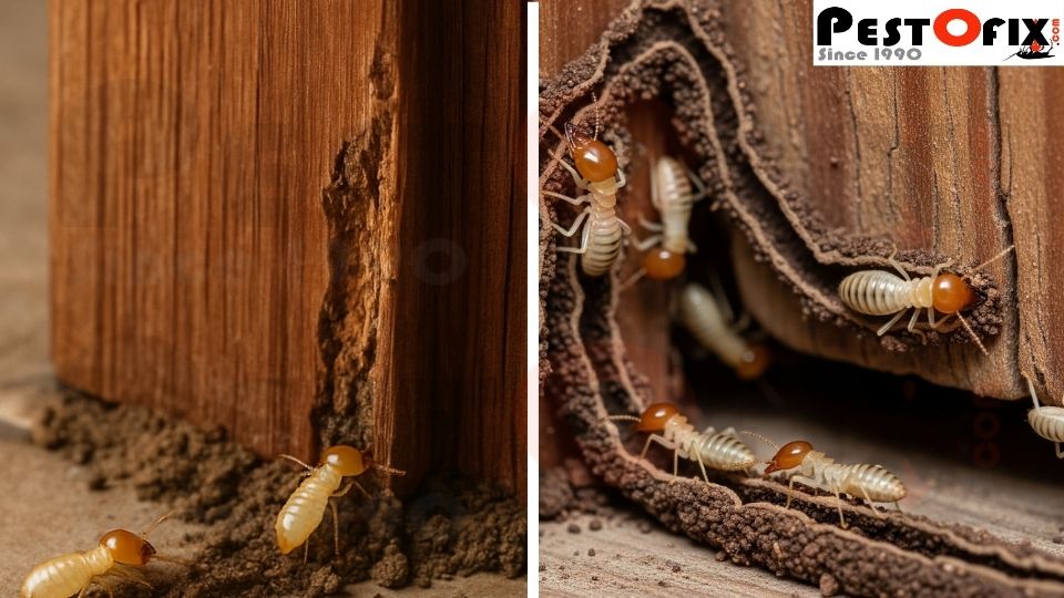 Termites moving from soil into a wooden door frame inside a home