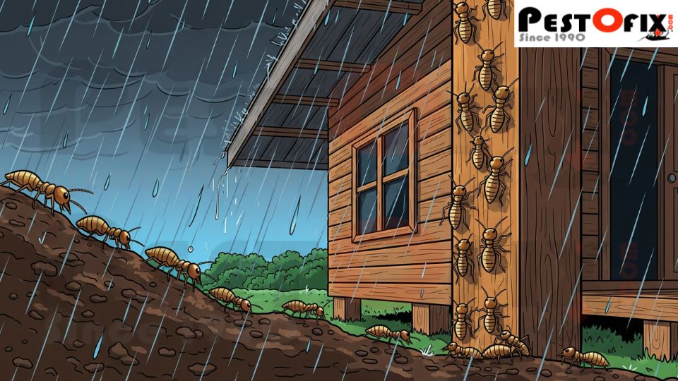 Termites moving from soil to house during monsoon rain