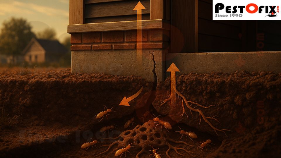 Termite colonies entering home foundation from untreated soil
