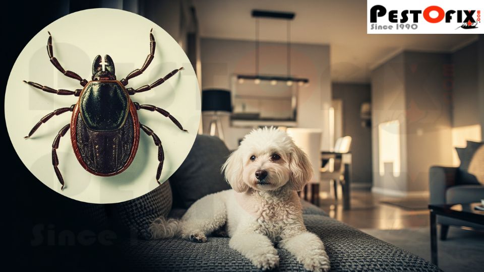 Illustration of a dog in a clean home with a magnified tick showing hidden infestation risk