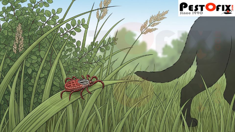 Illustration of a tick waiting on tall grass ready to crawl onto a passing dog