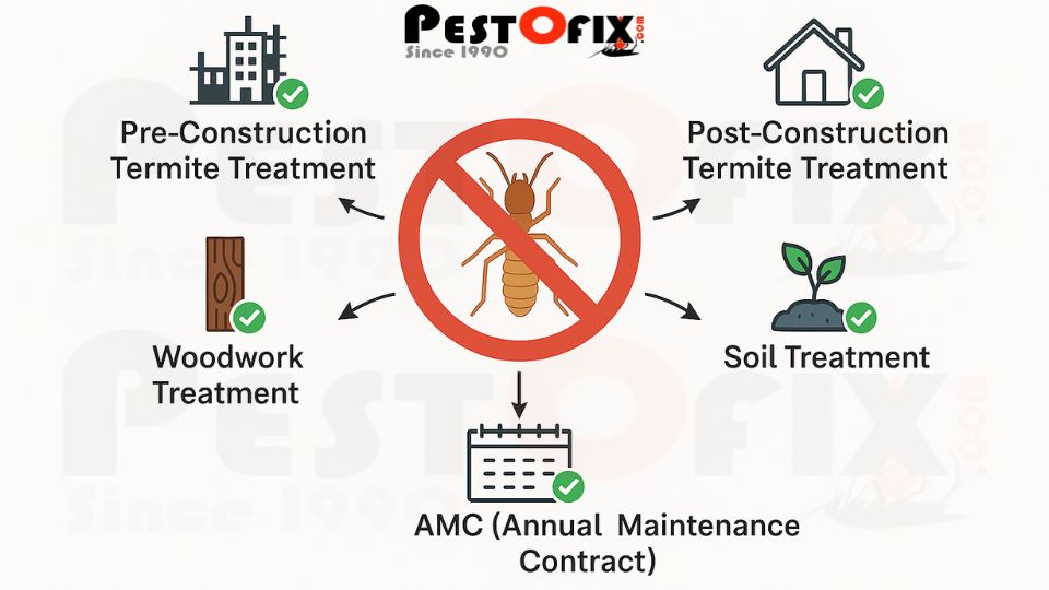 Infographic showing five types of termite treatment in Delhi: pre-construction, post-construction, woodwork, soil treatment and AMC