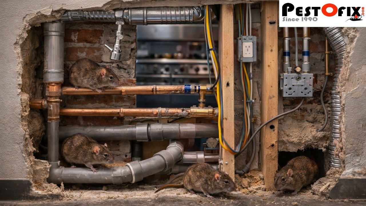 Rodent movement through concealed plumbing and electrical ducts inside commercial buildings