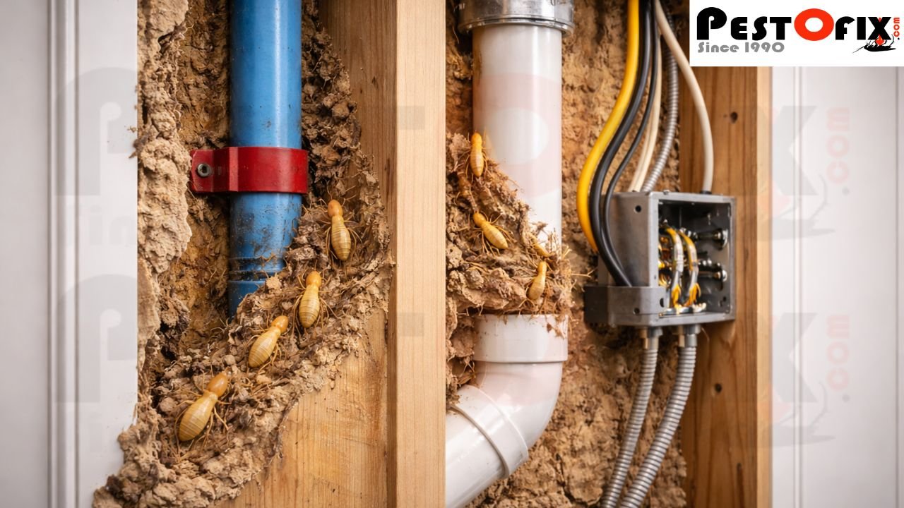 Termites moving through concealed plumbing and electrical pathways inside walls