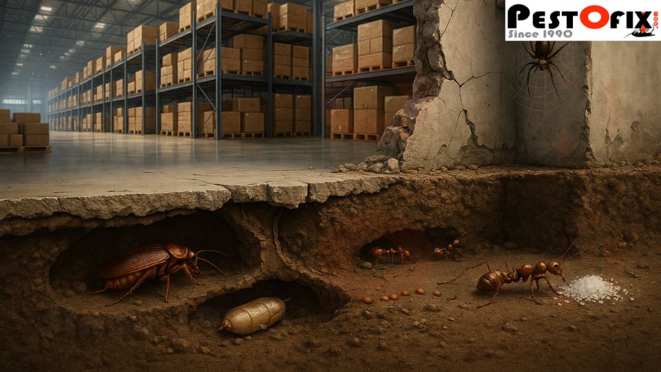 Photo-realistic cross-section of a large warehouse showing cockroaches nesting underground, ants trailing toward sugar, and a spider web in the wall corner while the warehouse above looks clean and organized