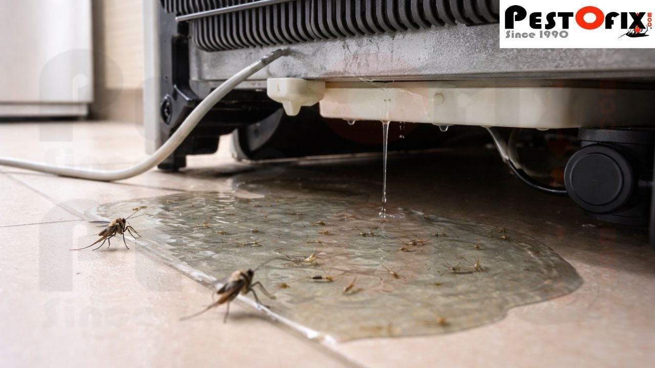Mosquito breeding caused by unnoticed water accumulation behind refrigerator