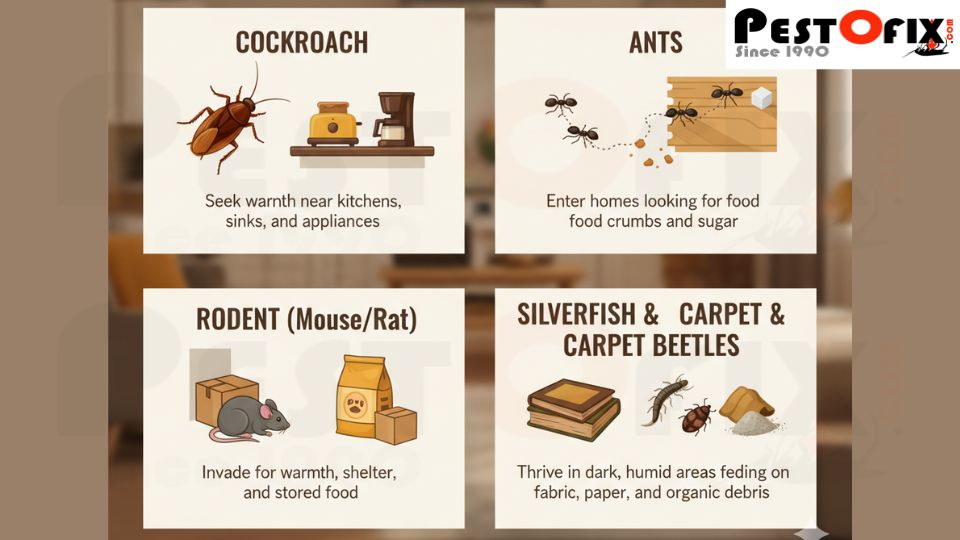 Infographic showing common indoor winter pests like cockroaches, ants, rodents, and silverfish with their behavior and indoor survival tips
