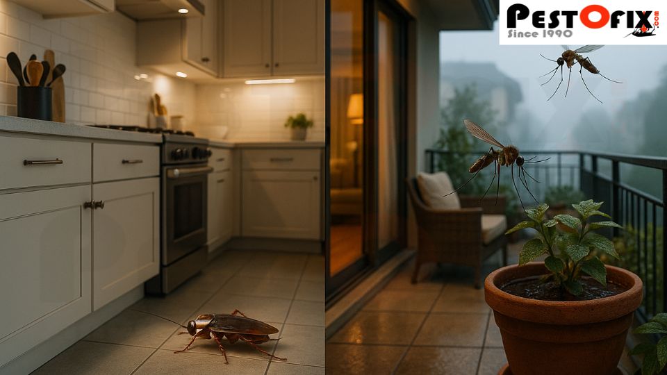 Mosquito breeding in balcony plants and cockroach activity in South Delhi home kitchen
