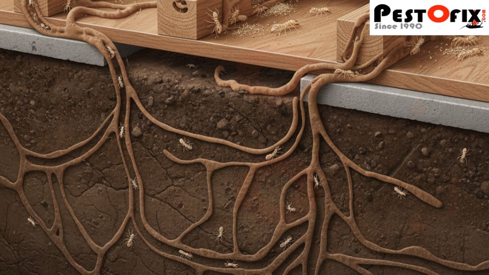 Cutaway view showing subterranean and drywood termites in home flooring during winter